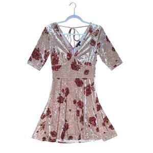 Crushed Velvet Pink Floral Skater Dress Bebop Juniors Medium Fairycore Whimsical